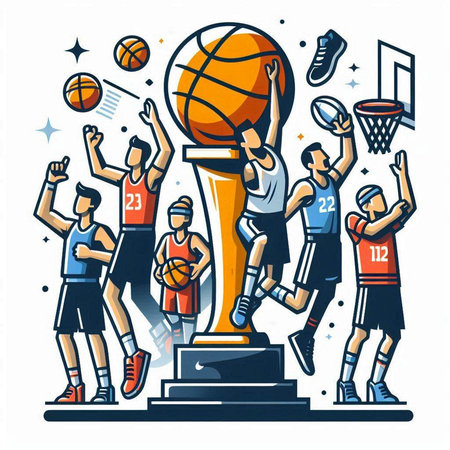 Basketball players with trophy and ball on white background. Vector illustrationのイラスト素材