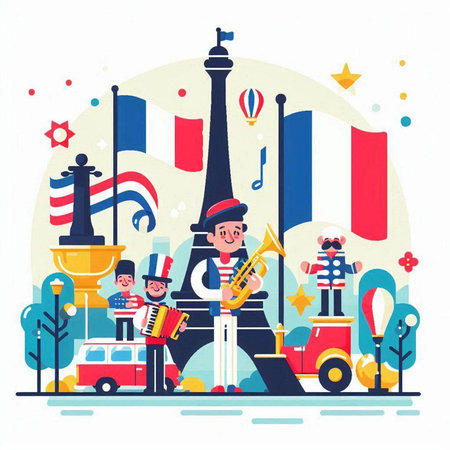 Vector illustration of children playing musical instruments. Kids playing trumpet, trumpetcas, trumpet, car and flag of France.のイラスト素材