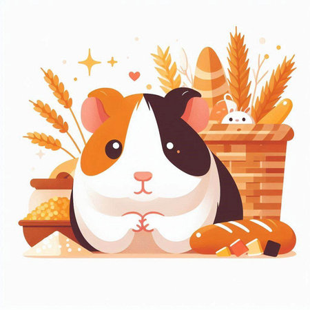 Cute guinea pig with basket of bread. Vector illustration.のイラスト素材