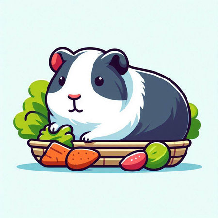 Cute guinea pig in basket with vegetables, vector illustration.のイラスト素材