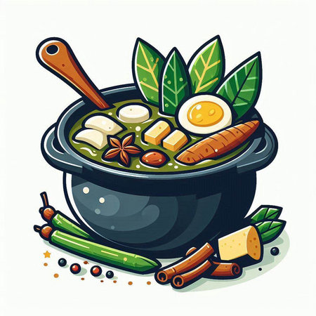 Soup with vegetables, eggs and spices in a pot. Vector illustration.のイラスト素材