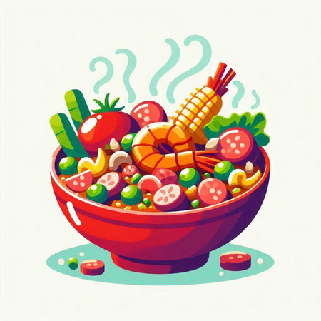 Vector illustration of a bowl of soup with shrimps and vegetablesのイラスト素材