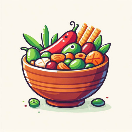 Illustration of a bowl full of vegetables and fruits. Vector illustrationのイラスト素材
