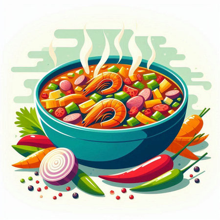 Vegetable soup with shrimps, vegetables and spices. Vector illustration.のイラスト素材