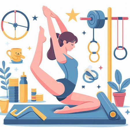 Vector illustration of a girl doing yoga in the gym. Fitness and healthy lifestyle.のイラスト素材