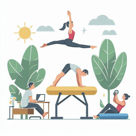 Vector illustration of people practicing yoga in the park. Flat style design.のイラスト素材