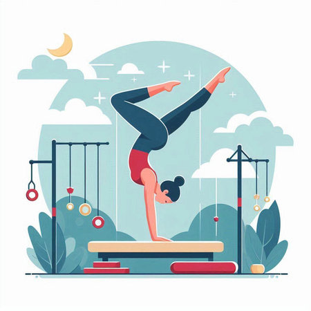 Woman doing gymnastics on balance beam. Vector illustration in flat styleのイラスト素材