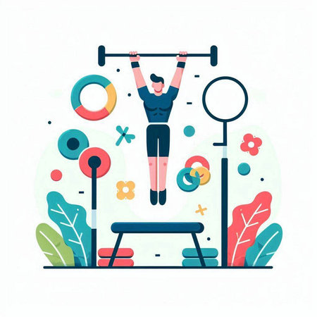 Man doing pull-ups on bar. Flat style vector illustration.のイラスト素材