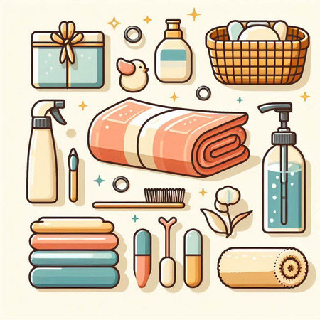 Set of bath accessories and hygiene items. Vector illustration in flat style.のイラスト素材