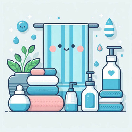 Vector illustration of a cute happy bath towel with soap, shampoo, shower gel, shampoo, shower gel and other items in flat style.のイラスト素材