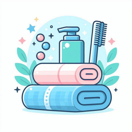 Vector illustration of a set of accessories for spa procedures. Towel, brush, shampoo, shower gel, liquid soap.のイラスト素材