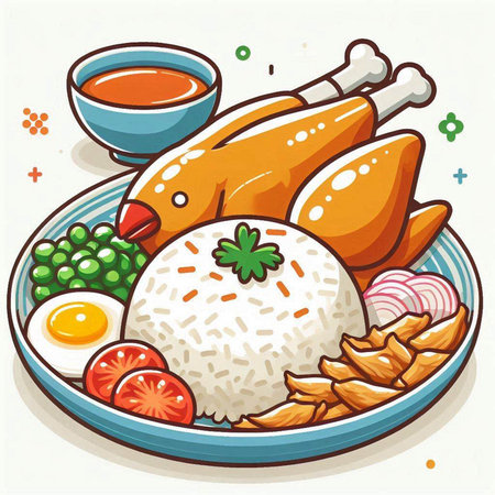 Illustration of a plate of chicken, rice, fried egg and sauceのイラスト素材