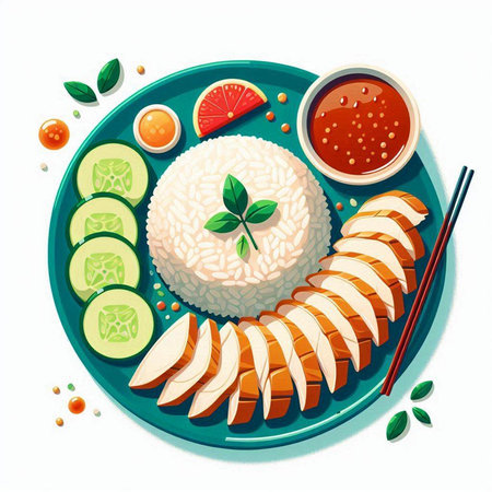 Rice with fish and vegetables on a plate. Vector illustration.のイラスト素材