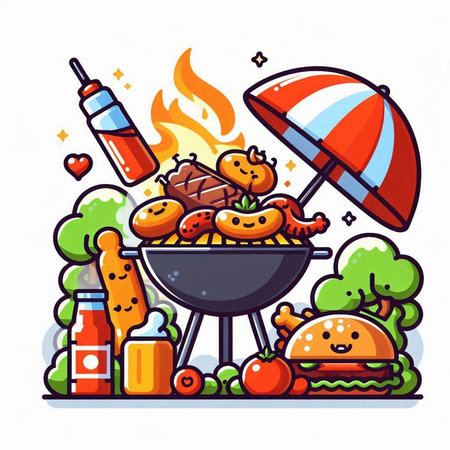 Vector illustration of BBQ party with grilled meat, vegetables, mushrooms, sauce and umbrella on white background.のイラスト素材