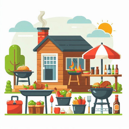 Vector illustration of a house with barbecue, grill and food on the nature.のイラスト素材
