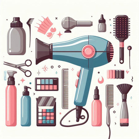 Hairdresser tools. Hair dryer, brush, comb, powder, shampoo. Vector illustrationのイラスト素材