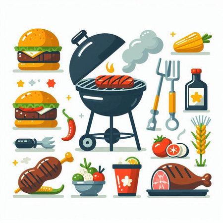 Barbecue party icons set. Vector illustration in flat cartoon style.のイラスト素材