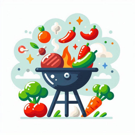 Barbecue grill with vegetables. Vector illustration in flat cartoon style.のイラスト素材