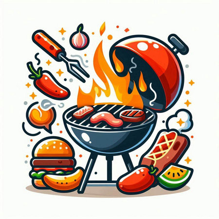 BBQ party with grilled meat and vegetables. Vector cartoon illustration.のイラスト素材