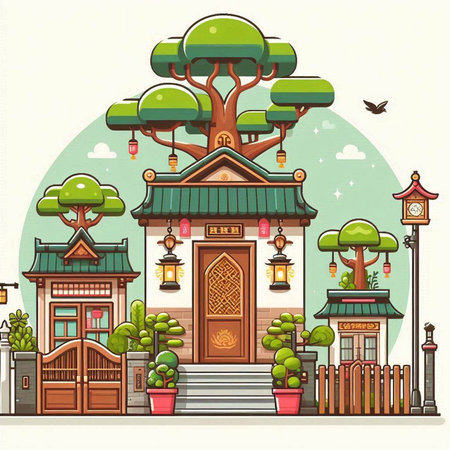 Korean traditional house with a big tree. Vector illustration in flat style.のイラスト素材