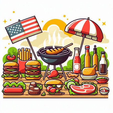 Vector illustration of BBQ grill with american flag on the background.のイラスト素材