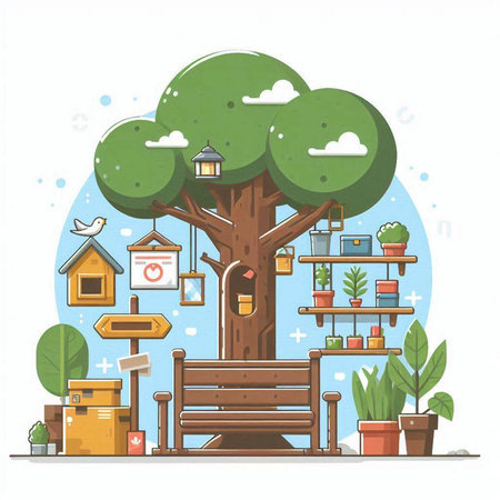 Vector illustration of tree house with birdhouse, birdhouse, birdhouse, birdhouse, birdhouse.のイラスト素材