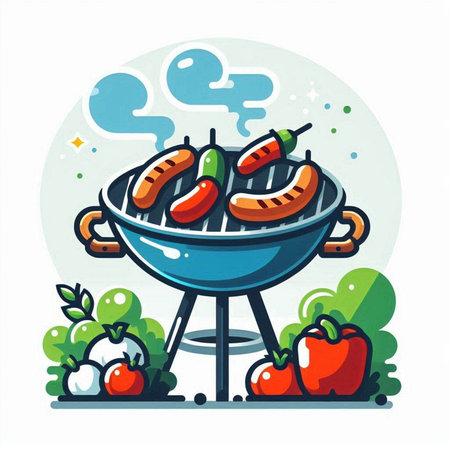 Barbecue grill with sausages and vegetables. Vector illustration.のイラスト素材