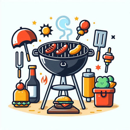 Barbecue grill with sausages and vegetables. Vector illustration.のイラスト素材