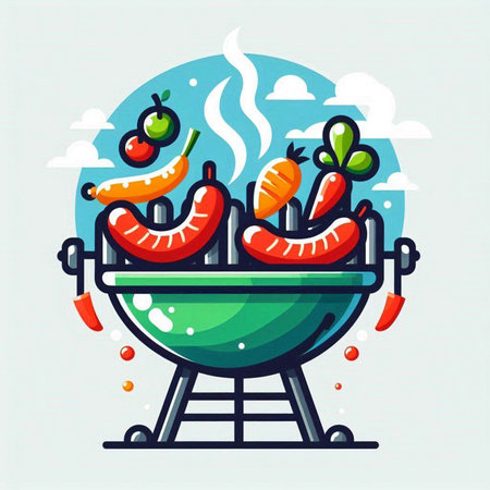 Barbecue grill with sausages and vegetables. Vector illustration.のイラスト素材