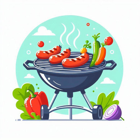 Barbecue grill with sausages and vegetables. Flat vector illustration.のイラスト素材