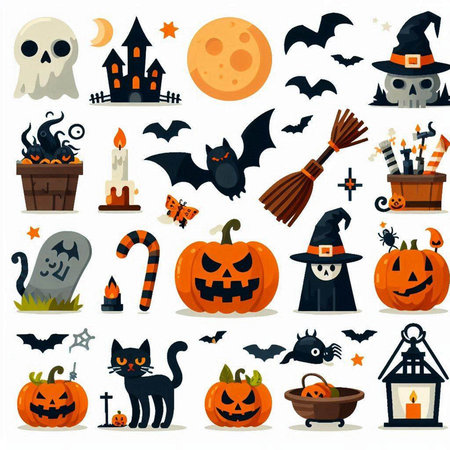 Halloween icons set. Vector illustration in flat cartoon style. Isolated on white background.のイラスト素材