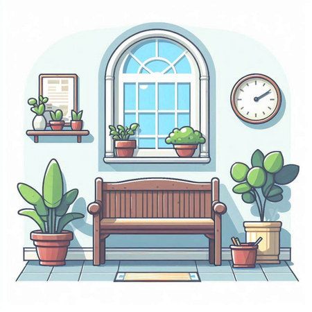Flat design interior of living room with wooden bench, window, plants and clock. Vector illustration.のイラスト素材