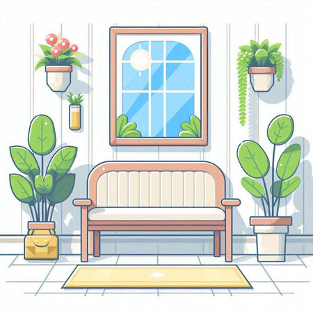 Interior of living room with sofa, plants and window. Vector illustrationのイラスト素材