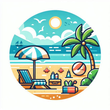 Beach flat color vector icon. Summer vacation. Vacation concept.のイラスト素材