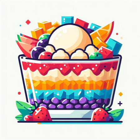 Colorful vector illustration of a cake with ice cream and berries.のイラスト素材