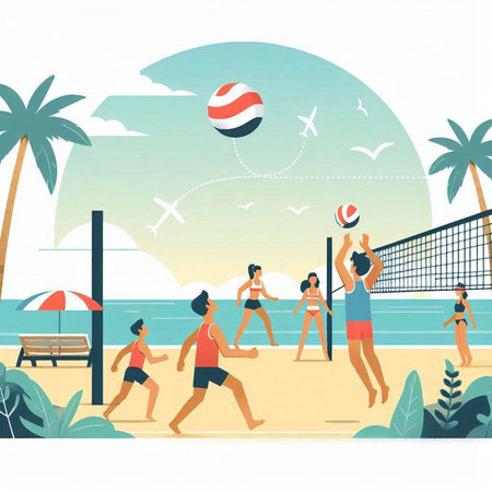 Vector illustration of people playing volleyball on the beach. Summer vacation concept.のイラスト素材