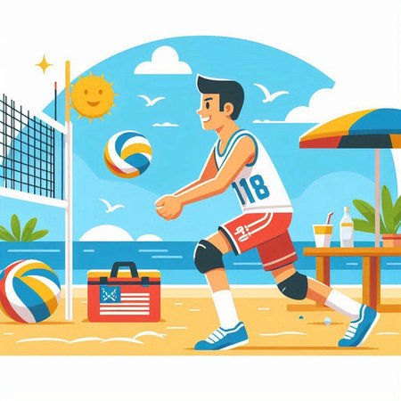 Volleyball player on the beach. Vector illustration in cartoon styleのイラスト素材