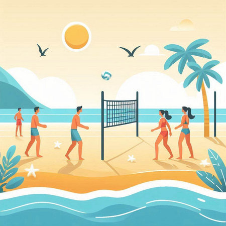 Summer beach with people playing volleyball, vector illustration in flat style.のイラスト素材