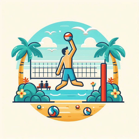 Vector illustration of a man playing volleyball on the beach. Flat style.のイラスト素材