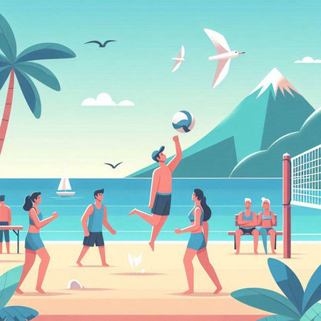 People playing volleyball on the beach. Summer vacation concept. Vector illustrationのイラスト素材