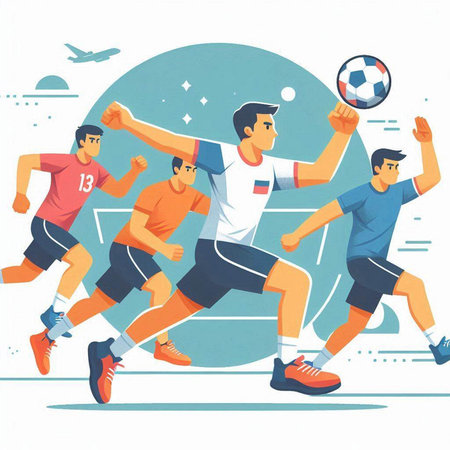 Soccer players in action, vector illustration. Flat style design.のイラスト素材