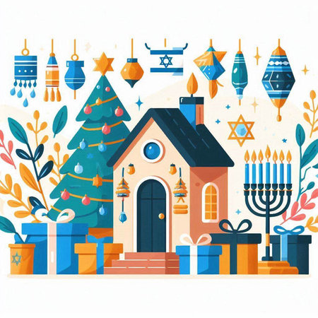 Happy Hanukkah greeting card. Vector illustration in flat style.のイラスト素材
