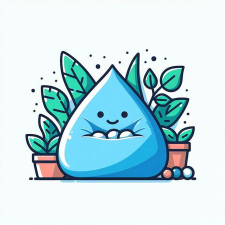 Cute blue water drop character with green leaves. Vector illustration.のイラスト素材