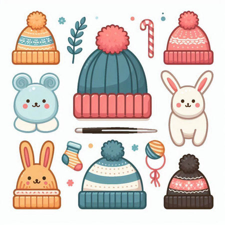 Vector set of cute winter hats, knitted hats and scarves.のイラスト素材