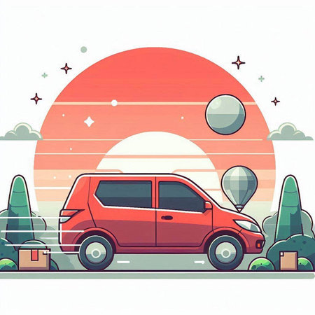 Vector illustration of a car on the background of the setting sun.のイラスト素材