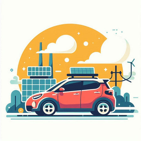 Car on the road with solar panels. Vector illustration in flat styleのイラスト素材