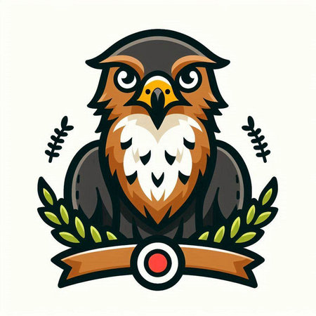 Owl head emblem with laurel wreath and ribbon. Vector illustration.のイラスト素材