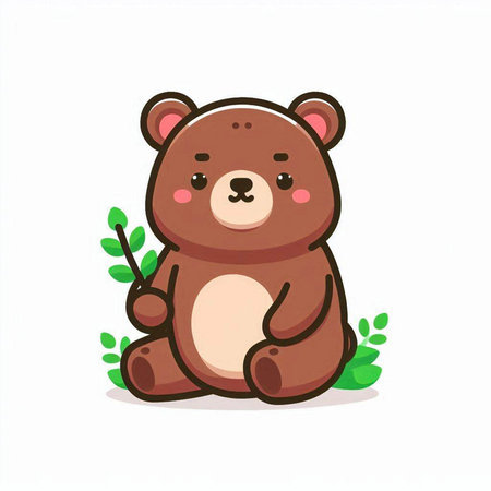 Cute brown bear sitting on the green leaves. Vector illustration.のイラスト素材