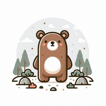 Cute cartoon bear in the forest. Vector illustration, flat design.のイラスト素材