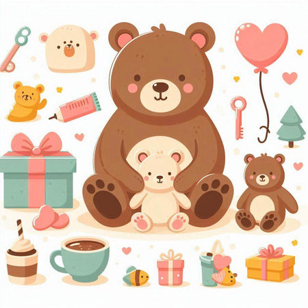 Cute teddy bears and gifts. Vector illustration in cartoon style.のイラスト素材